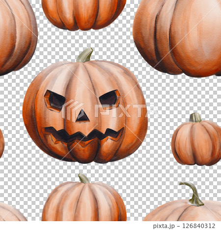 Seamless pattern with pumpkins. Jack's head. Halloween pattern. Autumn harvest. Watercolor illustration isolated from the background. Hand drawing. For fabric, textile and wallpaper.  126840312