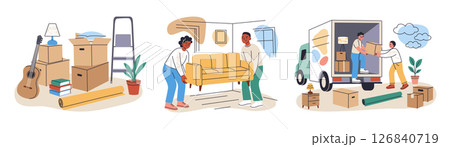 Vector illustration set of moving to new home scenes. Flat cartoon people carrying furniture, loading boxes into truck, relocation process, housing concept, real estate, transportation Vector illustration set of moving to new home scenes. Flat cartoon people carrying furniture, loading boxes into truck, relocation process, housing concept, real estate, transportation 126840719