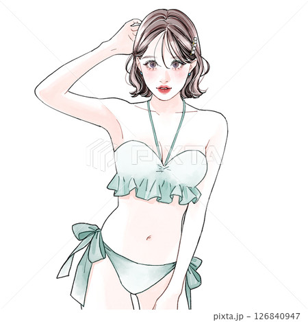 水着を着て右腕を上げている女性 126840947