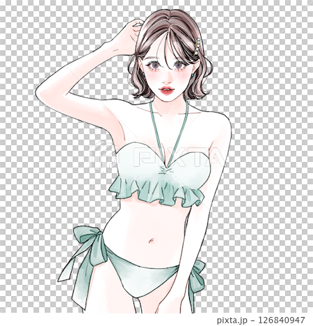 一位穿著泳衣的女士舉起右臂 一位穿著泳衣的女士舉起右臂 126840947