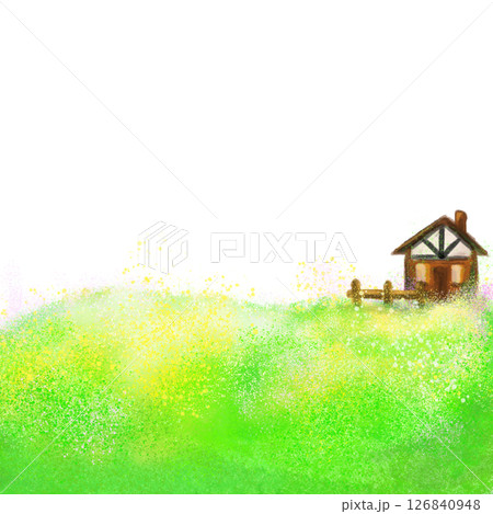 Grassland and wooden house and fence cartoon textured background Grassland and wooden house and fence cartoon textured background 126840948