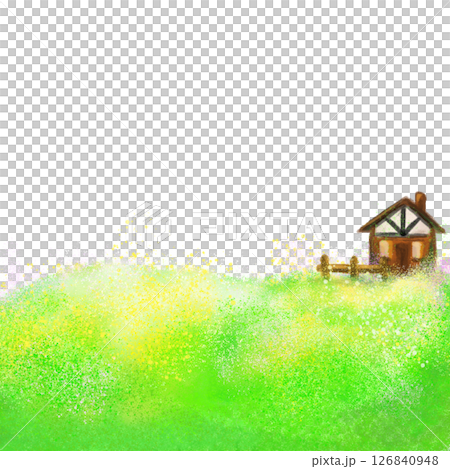 Grassland and wooden house and fence cartoon textured background 126840948
