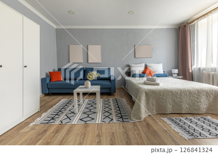 Studio Living Space with Blue Sofa and Bed Studio Living Space with Blue Sofa and Bed 126841324