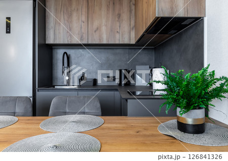 Contemporary Kitchen with Matte Cabinets and Wooden Accents 126841326