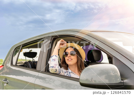 Travel couple. Man woman car journey. Love together smiling sunglasses. 126841570