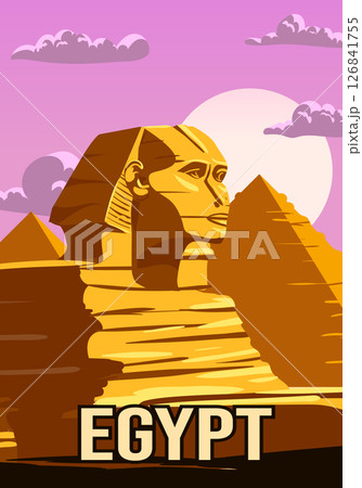 Vintage Poster Ancient Sphinx, Egypt Pharaoh Pyramids. Travel to Egypt Country, Sahara desert. Retro card illustration vector 126841755