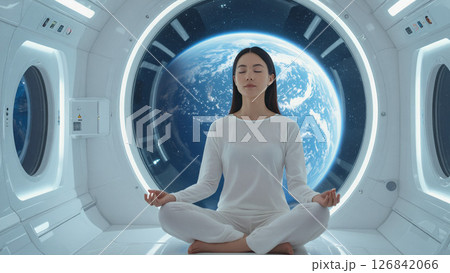地球を眺めながら宇宙カプセルで瞑想する女性 地球を眺めながら宇宙カプセルで瞑想する女性 126842066