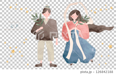 織姬與彥星的水彩畫，繪本風格（七夕畫） 126842188