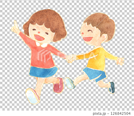 水彩風 手をつないで走る子どものイラスト　保育・教育・知育素材 126842504