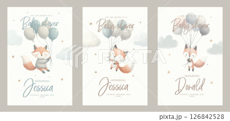 Watercolor baby fox with balloon in the sky For nursery kids Birthday party boy Print for invitation card Poster Template. Watercolor baby fox with balloon in the sky For nursery kids Birthday party boy Print for invitation card Poster Template. 126842528