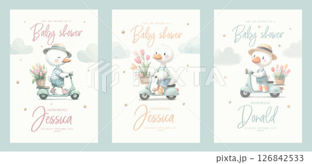 Watercolor white goose with flowers on the bicycle and scooter. For nursery kids Birthday party boy Print for invitation card Poster Template. Watercolor white goose with flowers on the bicycle and scooter. For nursery kids Birthday party boy Print for invitation card Poster Template. 126842533