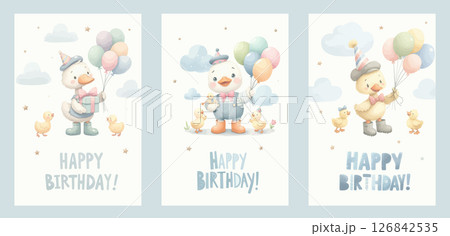 Watercolor yellow duckling with friends celebrates his birthday. For nursery kids Birthday party boy Print for invitation card Poster Template. 126842535