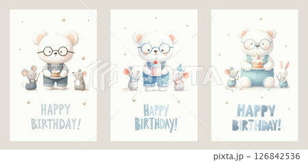 Watercolor white bear with friends celebrates his birthday. For nursery kids Birthday party boy Print for invitation card Poster Template. Watercolor white bear with friends celebrates his birthday. For nursery kids Birthday party boy Print for invitation card Poster Template. 126842536