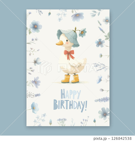Watercolor Cute Duck with red ribbon bow, blue hat and wildflowers. Watercolor Cute Duck with red ribbon bow, blue hat and wildflowers. 126842538