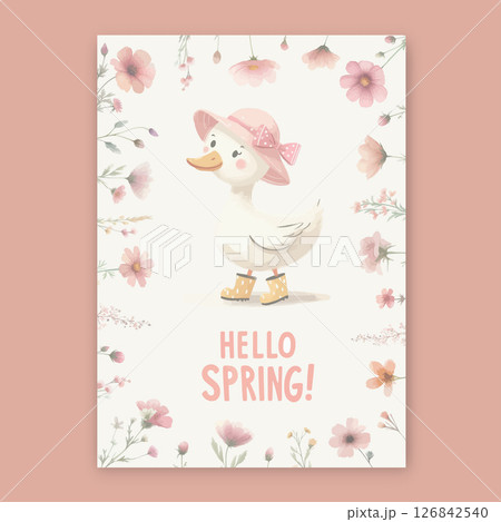 Watercolor Cute Duck with pink hat and wildflowers. Watercolor Cute Duck with pink hat and wildflowers. 126842540