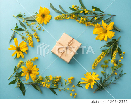 鮮やかなブルーの背景にひまわりの花束。父の日のイメージ。感謝の気持ちを表す。 鮮やかなブルーの背景にひまわりの花束。父の日のイメージ。感謝の気持ちを表す。 126842572