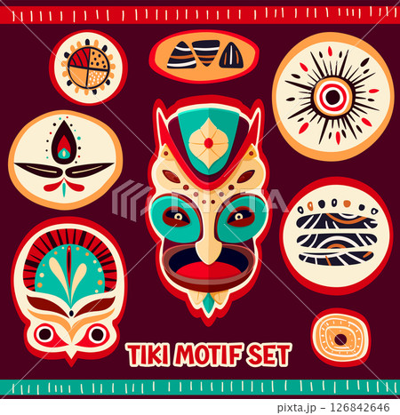 Set of elements with Hawaiian traditional tribal tiki mask and motifs. Collection of stickers with Polynesian mask, tribal pattern, Eye-catching ethnic ornaments. Vector illustration EPS8 126842646