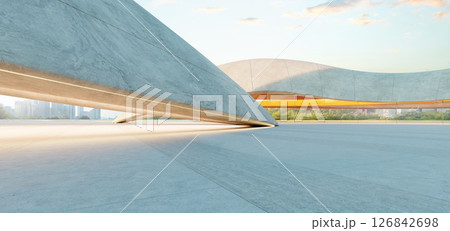 3d rendering Empty parking lot with modern concrete architecture at sunset: 3d rendering 126842698