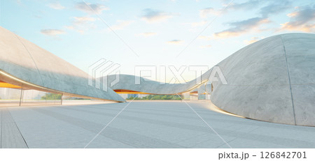 3d rendering Futuristic concrete parking lot with organic design at sunset: 3d rendering 3d rendering Futuristic concrete parking lot with organic design at sunset: 3d rendering 126842701