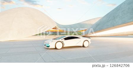 3d rendering White futuristic electric car parked in a modern parking lot with curved concrete structures 3d rendering White futuristic electric car parked in a modern parking lot with curved concrete structures 126842706