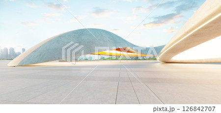 3d rendering Futuristic parking lot with modern concrete structures and city skyline 3d rendering Futuristic parking lot with modern concrete structures and city skyline 126842707