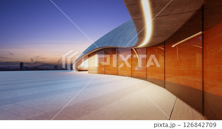 3d rendering Modern parking lot structure with orange glass facade reflecting city skyline at sunset: 3d rendering 126842709