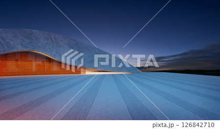 3d rendering Futuristic parking lot with modern concrete and glass building at sunset: 3d rendering 126842710