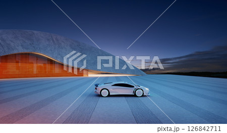 3d rendering White sports car parked in futuristic parking lot at dusk 126842711