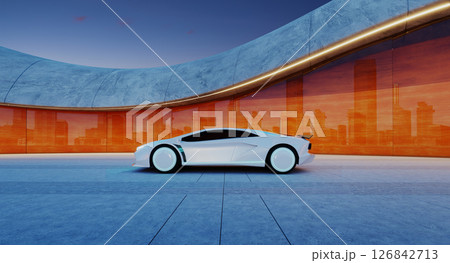 3d rendering Futuristic white sports car parked in modern parking lot with city skyline reflecting on orange wall 126842713