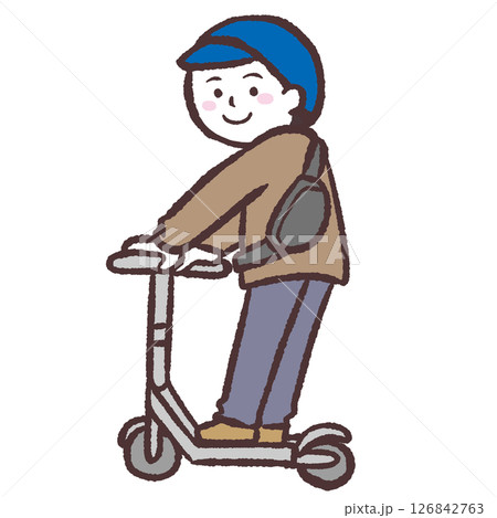 キックボードに乗ってこちらを見ている男性のイラスト キックボードに乗ってこちらを見ている男性のイラスト 126842763