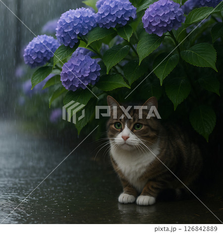 紫陽花の下で雨宿りするキジ白猫 126842889