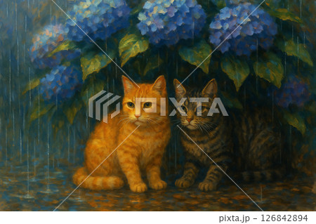 紫陽花の下で雨宿りする茶トラ猫とキジトラ猫の絵画 126842894