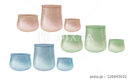 Set of flower pots for indoor, garden plants and flowers. Delicate pastel watercolor ceramic planter templates with a textured gradient of different colors for the interiors, garden, greenhouse Set of flower pots for indoor, garden plants and flowers. Delicate pastel watercolor ceramic planter templates with a textured gradient of different colors for the interiors, garden, greenhouse 126843032