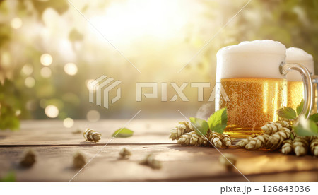 Refreshing frothy beer in glass mug, surrounded by hops and greenery, evokes warm, inviting atmosphere Refreshing frothy beer in glass mug, surrounded by hops and greenery, evokes warm, inviting atmosphere 126843036