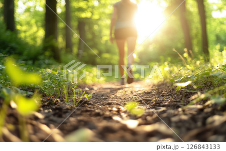 person walking along sunlit forest path surrounded by greenery 126843133