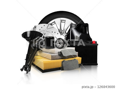 Essential Car Parts and Maintenance Supplies Isolated on white background 126843600