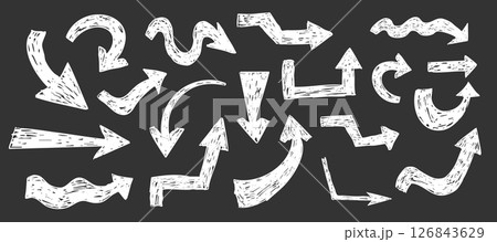 Thick white arrow crayon or chalk drawing sketch grunge textured on blackboard set. Different directions simple curve shape. Pencil, marker, pastel scribble 126843629