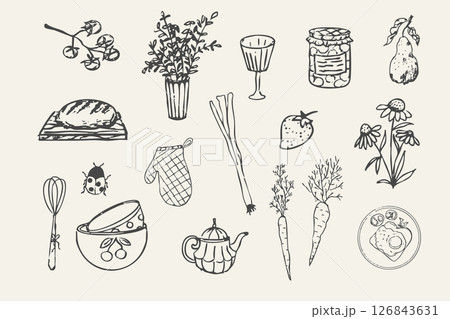 Cottagecore set cosy country rural things sketch. Retro cute whimsy farm themed cottage core aesthetic. Hobby collection, vegetables doodle. Cottagecore set cosy country rural things sketch. Retro cute whimsy farm themed cottage core aesthetic. Hobby collection, vegetables doodle. 126843631