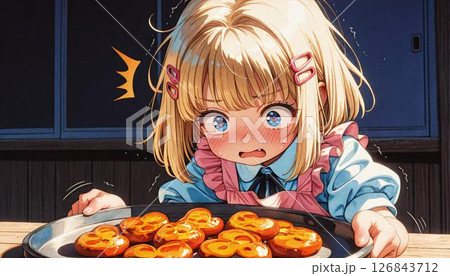 Anime Girl Surprised by Heart-Shaped Cookies 126843712