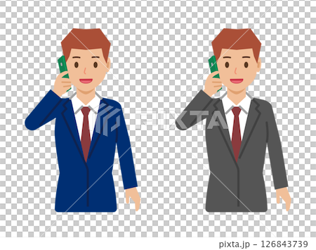 A young man with a short haircut talking on a smartphone. Upper body in a suit 126843739