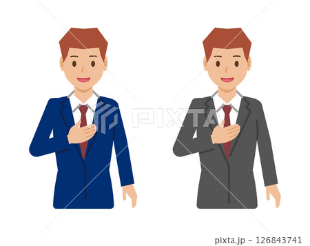 「お任せください」と笑顔のベリーショートの若い男性。スーツ姿の上半身 126843741