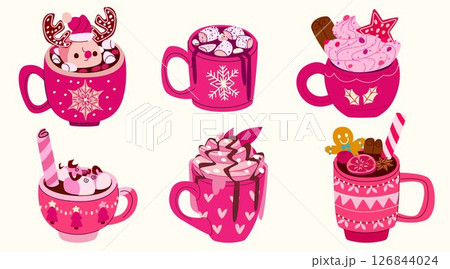 Christmas coffee cup set in festive pink mugs Christmas coffee cup set in festive pink mugs 126844024