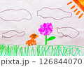 Small dog sitting on grass next to a large flower with a green stem and leaf made by child using felt tip pens painting in naive style 126844070