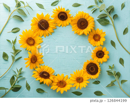 鮮やかなブルーの背景にひまわりの花束。父の日のイメージ。感謝の気持ちを表す。 126844199