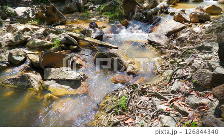 Clear Water Stream Flowing Through Rocks in Tropical Forest Clear Water Stream Flowing Through Rocks in Tropical Forest 126844340