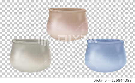 Flower pots for indoor, garden plants and flowers. Delicate pastel watercolor ceramic planter templates with a textured gradient of different colors for the interiors, garden, greenhouse, flower beds 126844385