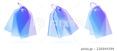 Holographic glass morphism bunch of keychains with ring mockup for branding. 3d render set of blank plastic key holder template. Gradient clear label or price tag of rectangle shape. 3D illustration 126844394