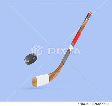 Wooden hockey stick and puck for winter sport game on ice rink 3d render. Handle with red gray stripe print and wood texture for training and competition isolated on blue background. 3D illustration 126844428