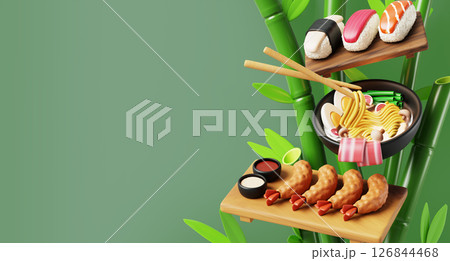 Japanese food advertising banner. Bamboo green background with sushi, shrimp tempura and ramen soup meal render. Asian rice on wood tray and noodle in restaurant bowl with chopsticks. 3D illustration 126844468