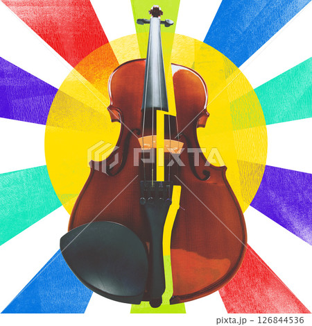 Contemporary art collage. Violin glows under colorful radial rays with bright yellow sun behind, evoking deep musical connection. Classic Love Contemporary art collage. Violin glows under colorful radial rays with bright yellow sun behind, evoking deep musical connection. Classic Love 126844536